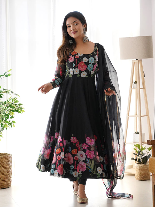 Flower Black Printed Anarkali Gown With Pant & Dupatta Set