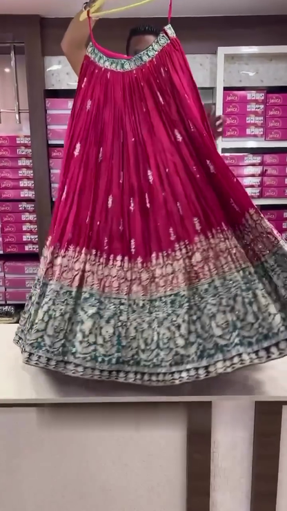 Hand Embroidered Fuchsia Pink Pure Georgette Lucknowi Chikankari Lehenga Set With Muqaish Work