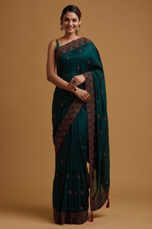 Bottle Green Threadwork Soft Silk Saree
