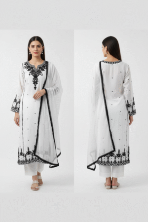 Women's Black & White Chinon Embroidered Kurta Palazzo Set with Embroidered Dupatta – Elegant Ethnic Ensemble
