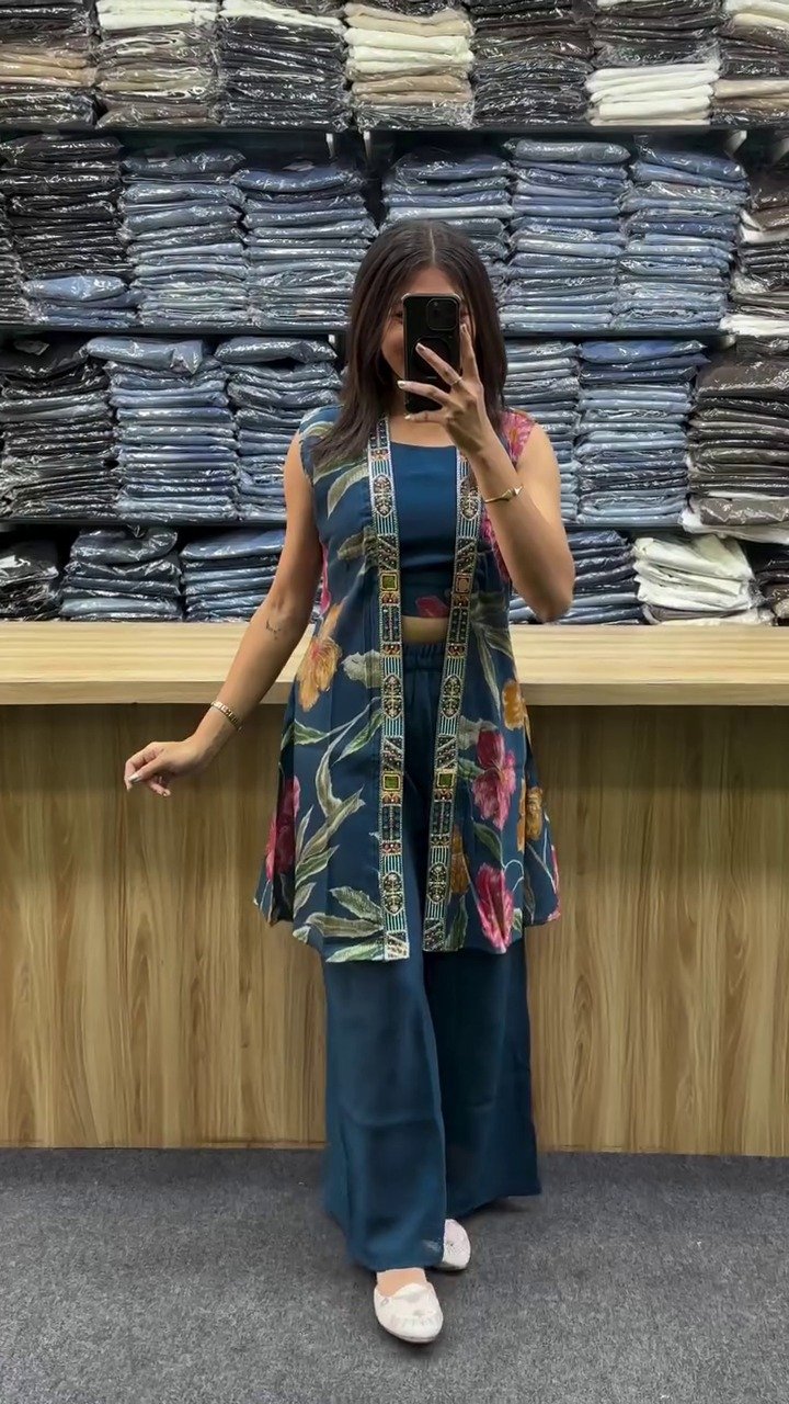 Hot Pink Printed Indo-Fusion Co-Ord Set with Jacket Layer - Image 3