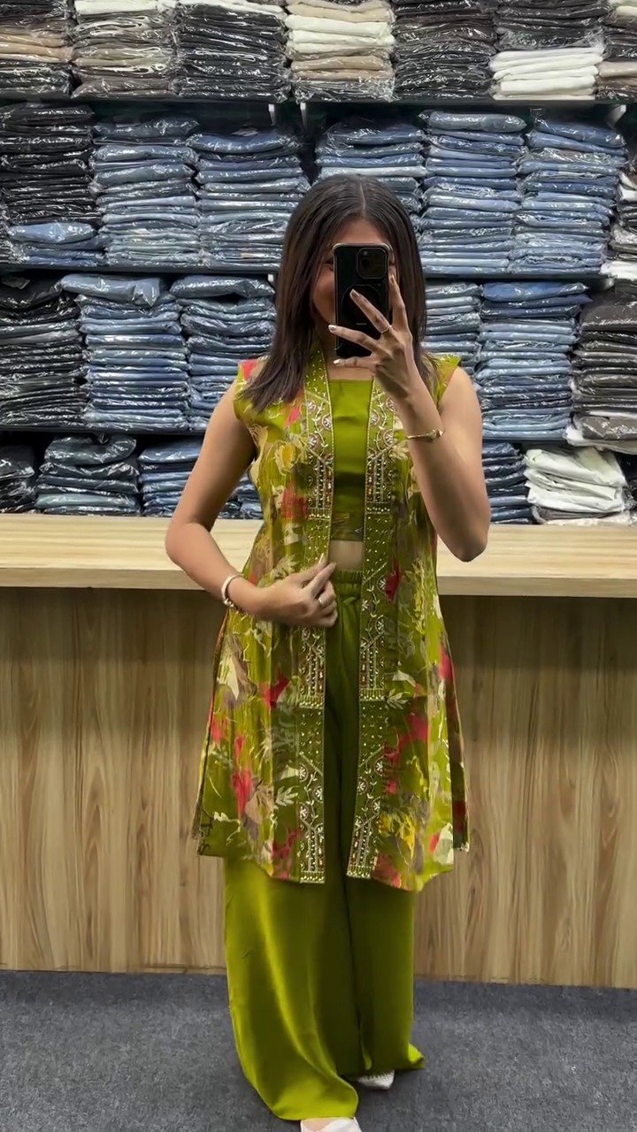 Hot Pink Printed Indo-Fusion Co-Ord Set with Jacket Layer