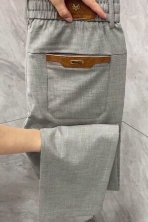 Men’s Grey Formal Stretch Trousers with Leather Accent Pockets