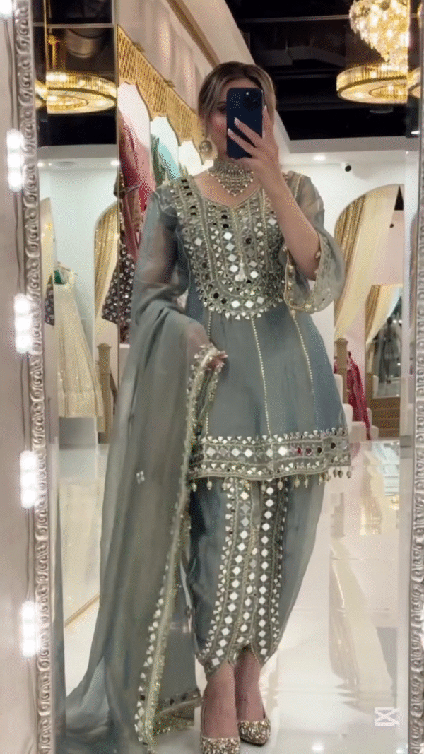 Lavender Heavy Mirror-Embroidered Short Kurti with Sharara Bottom & Dupatta 💜✨🪞 - Image 3