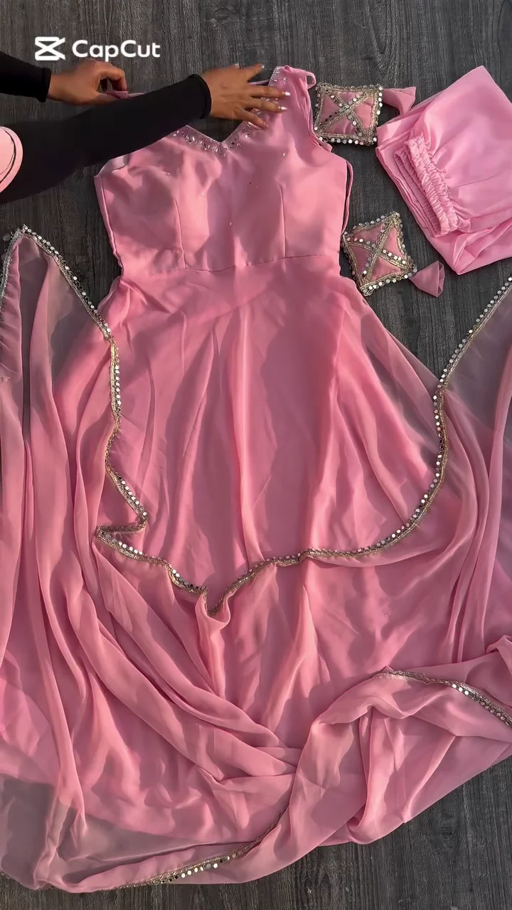 Trendy Women’s Georgette Embroidered Anarkali Sleeveless Morni Gown and Dupatta with Elegant Design - Image 2