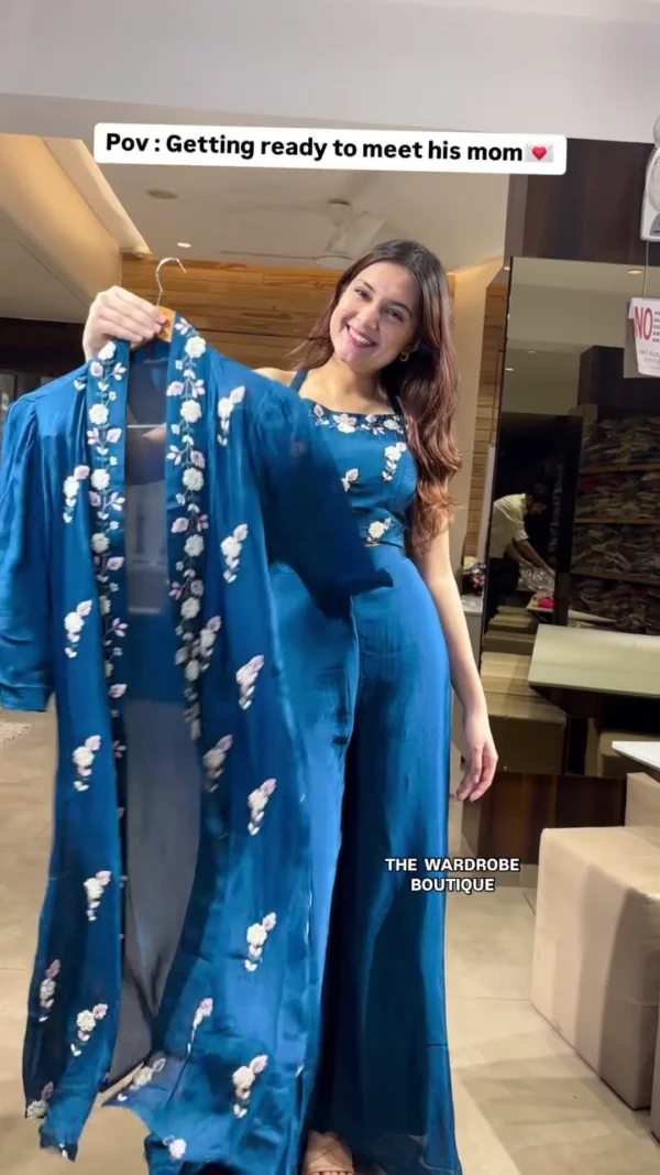 3-Piece Crop Top, Sharara, and Long Shrug Set – Elegant Festive Wear - Image 2